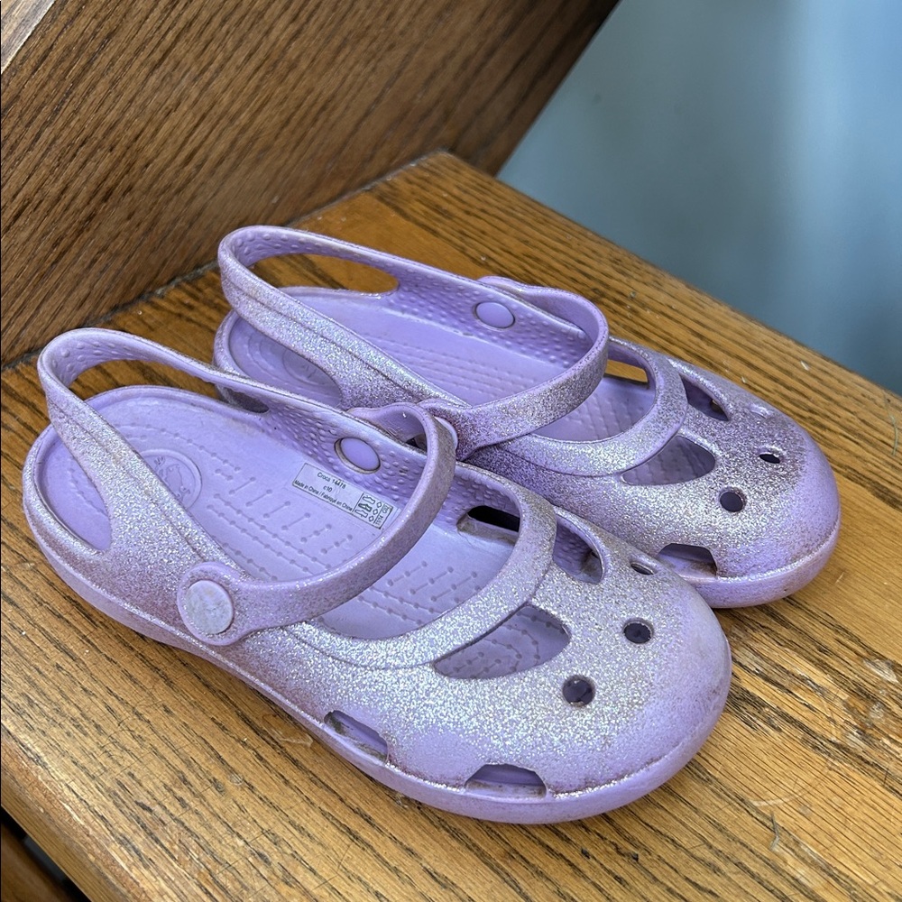 Crocs Shayna Sandals Girls 10 Mary Jane Flats purple glitter Slip On Shoes